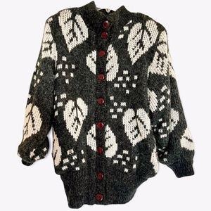 Vintage 80s Sweater Jacket with Leaf Motif by Answers By Riddles Inc. Sz S